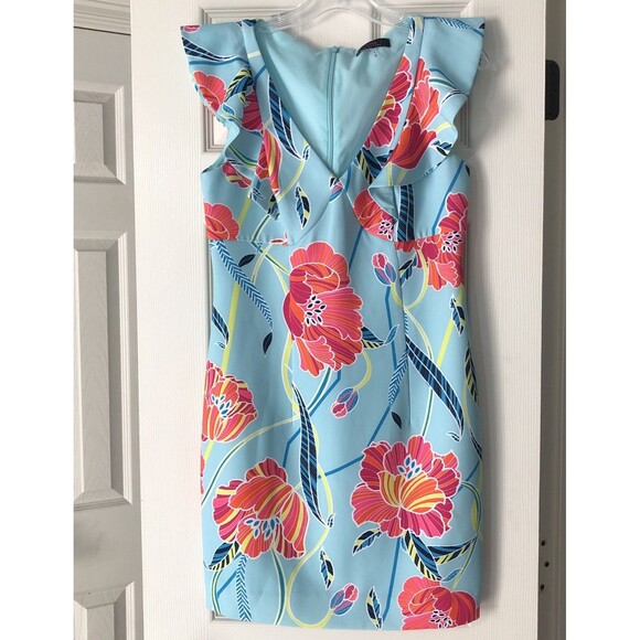 Trina Turk 4 Flutter Sleeve Printed Linzy Dress Sheath‎ Floral Coastal Beach - Picture 4 of 8